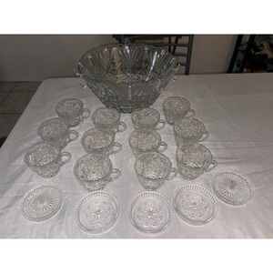 VTG L.E. Smith Glass Pinwheel & Stars Punch Bowl Set w/ 12 Cups Hooks Saucers